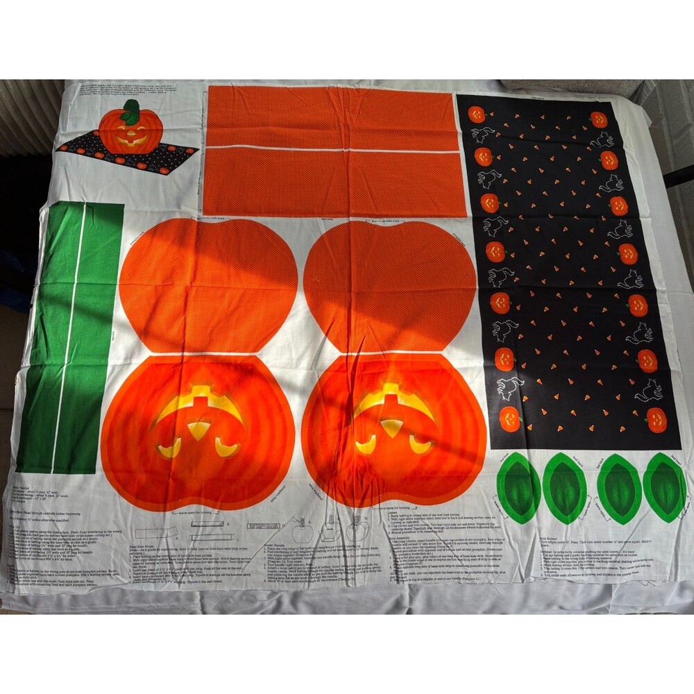 Vintage VIP Cranston Halloween Fabric Panel Jack O Lantern Basket & Table Runner